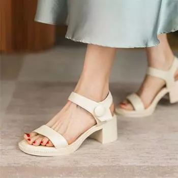 Meotina Женская обувь Сандалии из натуральной кожи Сандалии на среднем каблуке Туфли с круглым носком Женская обувь на массивном каблуке из коровьей кожи Лето черного цвета 33 бежевый