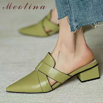Meotina/женская обувь, сандалии-мюли из натуральной кожи, женская обувь на толстом среднем каблуке с острым носком, летняя обувь зеленого абрикосового цвета 40