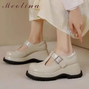 Meotina/женская обувь, туфли-лодочки на толстом высоком каблуке, туфли-гладиаторы из натуральной кожи, женская обувь с пряжкой и ремешком, весна-осень 34 белый