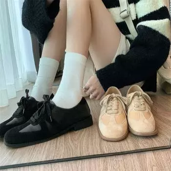 Meotina, женская замшевая детская обувь из натуральной кожи на плоской подошве с квадратным носком, лаконичная женская модная повседневная обувь на шнуровке, весенне-осенняя обувь абрикосового цвета, черный 40 34 миндальный