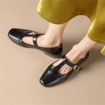 Meotina/женская женская обувь из натуральной кожи с Т-образными завязками на плоской подошве с квадратным носком и пряжкой, лаконичный брендовый дизайн, женская модная обувь, весна-осень, черный, коричневый