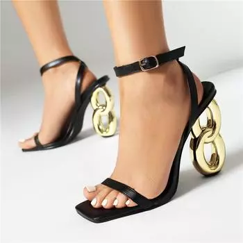 Meotina Женские босоножки с ремешком на щиколотке, квадратный носок, необычный стиль, высокие каблуки, пряжка, сексуальный дизайн, женская модная обувь, летний черный цвет 43 36 чёрный