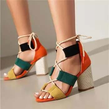 Meotina Женские босоножки с ремешком на щиколотке, круглый носок, толстый высокий каблук, перекрестные ремешки, разноцветные, сексуальные, женские, модные, летние, оранжевые, 43 36 оранжевый