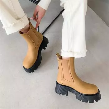 Meotina/женские ботильоны «челси» из натуральной кожи с круглым носком и платформой, женские короткие ботинки на высоком каблуке, осенне-зимняя обувь черного цвета