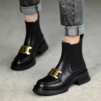 Meotina/женские ботильоны «Челси» из натуральной кожи, женские короткие ботинки на толстом среднем каблуке с круглым носком и металлическими украшениями, осенне-зимняя обувь