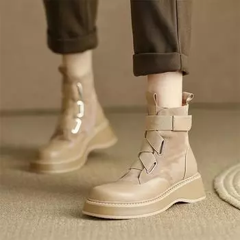 Meotina/женские ботильоны из натуральной кожи с круглым носком и плоской платформой, короткие ботинки на платформе и среднем каблуке, женская модная обувь, осень-зима