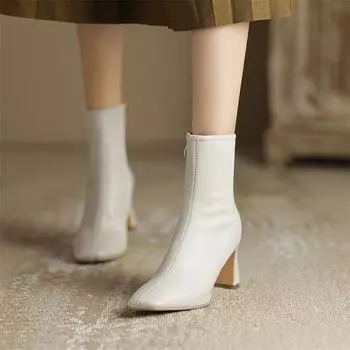 Meotina/женские ботильоны из натуральной кожи с квадратным носком, короткие ботинки на высоком толстом каблуке и молнии, женская модная обувь, осенне-зимняя коричневая обувь 34 бежевый