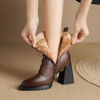 Meotina/женские ботильоны из натуральной кожи, шерстяные короткие ботинки с острым носком, на толстом высоком каблуке и молнии, на шнуровке, женская модная зимняя обувь 34 коричневый