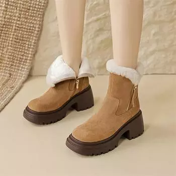 Meotina/женские ботильоны из натуральной кожи с круглым носком на платформе, шерстяные короткие ботинки на толстом высоком каблуке и молнии, женская модная обувь, зимняя обувь 34 коричневый