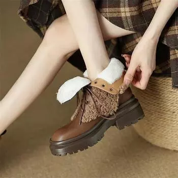 Meotina/женские ботильоны из натуральной кожи, армейские ботинки с круглым носком, толстым высоким каблуком, шерстяной платформой и шнуровкой, женская зимняя обувь 34 чёрный