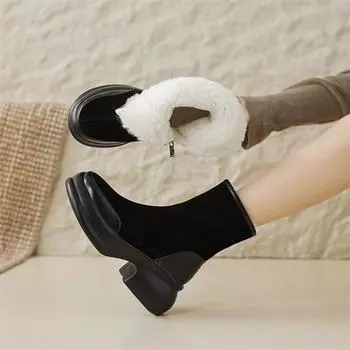 Meotina/женские ботильоны из натуральной кожи с круглым носком, толстые высокие каблуки, шерстяные короткие ботинки на платформе и молнии, женская модная обувь, зимняя обувь 34 чёрный