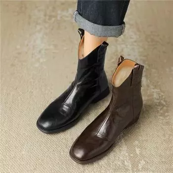 Meotina женские ботильоны из натуральной кожи с круглым носком на плоской подошве, шерстяные ботинки в стиле вестерн на молнии, женская модная обувь, зимняя 42 33 коричневый