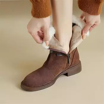 Meotina/женские ботильоны из натуральной кожи, короткие ботинки с круглым носком на среднем каблуке, меховая молния и пряжка, женская модная обувь, зима 40 33 чёрный