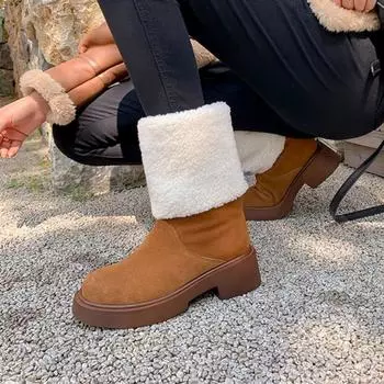 Meotina/женские ботильоны из натуральной кожи, зимние ботинки на меху с круглым носком, на толстом среднем каблуке и платформе, женская модная обувь, зима 40 34 коричневый