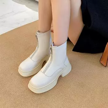 Meotina/женские ботильоны из натуральной кожи, короткие ботинки на платформе с круглым носком, на среднем каблуке, шерстяные короткие ботинки на молнии, женская модная зимняя обувь 34 бежевый