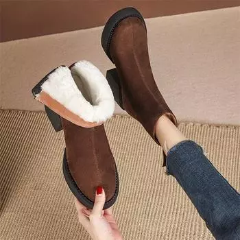 Meotina/женские ботильоны из натуральной кожи с круглым носком на платформе, шерстяные короткие ботинки на толстом высоком каблуке и молнии, женская модная обувь, зимняя обувь 34 чёрный