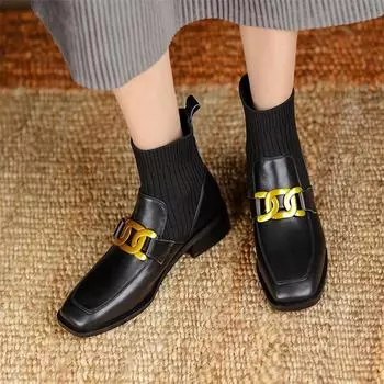 Meotina/женские ботильоны из натуральной кожи, короткие ботинки с квадратным носком и металлической отделкой, осенне-зимняя обувь, коричневый, черный, 40 34 чёрный