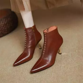 Meotina/женские ботильоны из натуральной кожи с острым носком, короткие ботинки на высоком каблуке и молнии, женская модная обувь, зимняя коричневая черная обувь, 40 34 чёрный