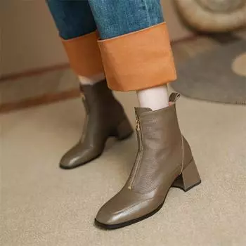 Meotina/женские ботильоны из натуральной кожи с квадратным носком, короткие ботинки на высоком толстом каблуке и молнии, женская модная обувь, зимняя обувь цвета хаки, черный цвет 40 34 хаки