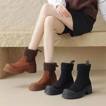 Meotina/женские ботильоны из натуральной кожи, ботинки-носки на платформе с круглым носком, на среднем каблуке, женская модная обувь, зимняя черная обувь