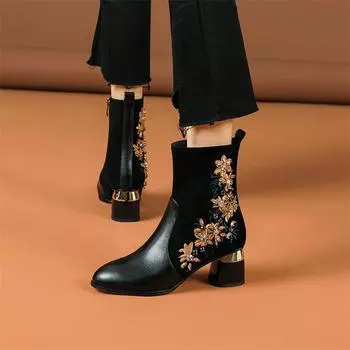 Meotina/женские ботильоны из натуральной кожи, короткие ботинки с круглым носком на высоком каблуке и вышивкой на молнии с кристаллами, женская обувь, зимняя обувь 43 34 чёрный