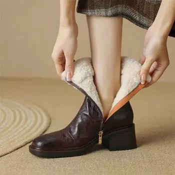 Meotina/женские ботильоны из натуральной кожи, шерстяные короткие ботинки с круглым носком на толстом высоком каблуке и молнии, женская модная обувь, зимняя коричневая обувь 40 34 коричневый