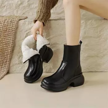 Meotina/женские ботильоны из натуральной кожи, шерстяные короткие ботинки с круглым носком на платформе и высоком каблуке на молнии, женская модная зимняя обувь 34 бежевый