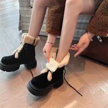 Meotina/женские ботильоны из натуральной кожи, армейские ботинки на платформе с круглым носком, на толстом среднем каблуке, шерстяные ботинки на платформе с молнией, зимняя женская обувь 34 чёрный