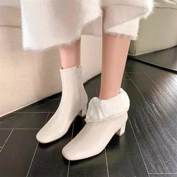 Meotina/женские ботильоны из натуральной кожи, шерстяные короткие ботинки с квадратным носком и толстым средним каблуком на молнии, женская модная обувь, зимняя обувь бежевого цвета 34 чёрный