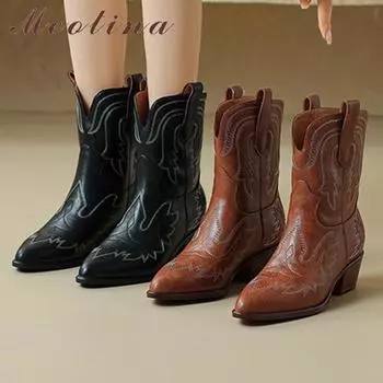 Meotina/женские ботильоны из натуральной кожи с острым носком, толстый средний каблук, короткие ботинки в стиле вестерн с вышивкой, женская обувь, осень-зима 42 34 верблюд
