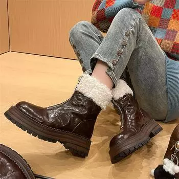 Meotina/женские ботильоны из натуральной кожи, короткие ботинки на меху с круглым носком, на толстом среднем каблуке и платформе, на молнии, женская модная обувь, зима 40 34 коричневый