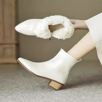 Meotina/женские ботильоны из натуральной кожи, шерстяные короткие ботинки с острым носком на толстом среднем каблуке и молнии, женская модная обувь, зимняя обувь бежевого цвета, 40 34 бежевый