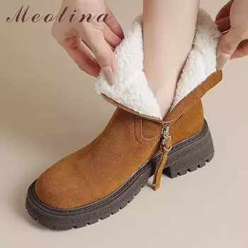 Meotina/женские ботильоны из натуральной кожи, зимние ботинки на меху с круглым носком, на толстом среднем каблуке и платформе, на молнии, женская зимняя обувь, 40 34 коричневый