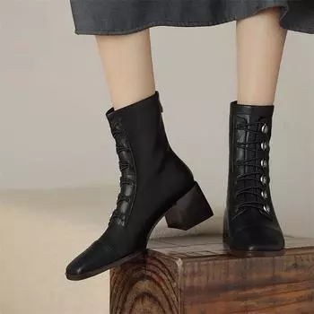 Meotina/женские ботильоны из натуральной кожи с квадратным носком, короткие ботинки на высоком толстом каблуке и молнии, женская модная обувь, осенне-зимняя коричневая обувь 34 чёрный