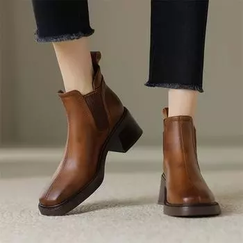 Meotina/женские ботильоны из натуральной кожи, короткие ботинки «Челси» на высоком каблуке с квадратным носком, женская модная обувь, осень-зима, коричневый цвет 34 чёрный