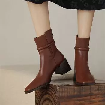 Meotina/женские ботильоны из натуральной кожи с квадратным носком, короткие ботинки на массивном высоком каблуке и молнии, женская модная обувь, осенне-зимняя черная обувь