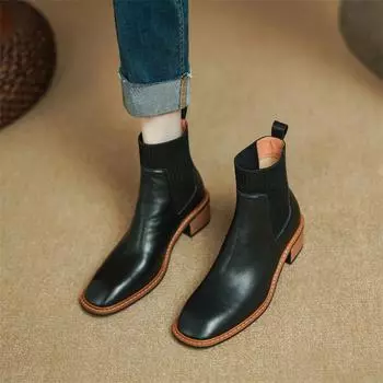 Meotina/женские ботильоны из натуральной кожи с квадратным носком, короткие ботинки «Челси» на толстом среднем каблуке, женская модная обувь, зимняя коричневая черная обувь, 40