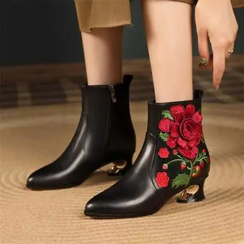 Meotina/женские ботильоны из натуральной кожи, короткие ботинки с острым носком на среднем каблуке и цветочной молнией с вышивкой, женская обувь, зимняя обувь 43 34 чёрный