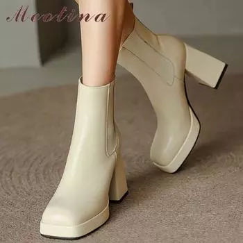 Meotina/женские ботильоны из натуральной кожи, ботинки «Челси» с квадратным носком, женские короткие ботинки на платформе и массивном высоком каблуке, осенне-зимняя обувь 34 чёрный