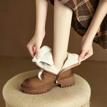 Meotina/женские ботильоны из натуральной кожи, армейские ботинки на меху с круглым носком, на толстом среднем каблуке и молнии, на шнуровке, женская модная зимняя обувь