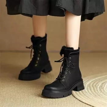 Meotina/женские ботильоны из натуральной кожи, армейские ботинки на платформе с круглым носком, на толстом высоком каблуке, на шнуровке, зимняя меховая обувь 34 коричневый