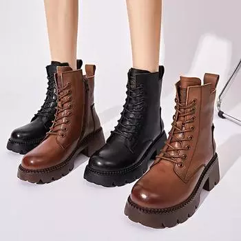 Meotina/женские ботильоны из натуральной кожи, армейские ботинки с круглым носком на платформе, толстом высоком каблуке и шнуровке на молнии, зимняя женская обувь 35 чёрный