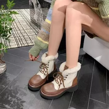 Meotina/женские ботильоны из натуральной кожи, армейские ботинки с круглым носком, на толстом среднем каблуке, на меховой молнии, на шнуровке, женская обувь, зимняя обувь 40