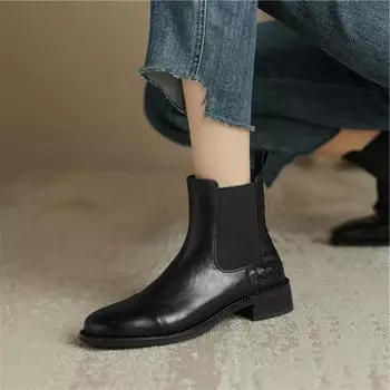 Meotina/женские ботильоны из натуральной кожи, короткие ботинки «Челси» на массивном среднем каблуке с круглым носком, женская модная осенне-зимняя обувь 40 34 чёрный
