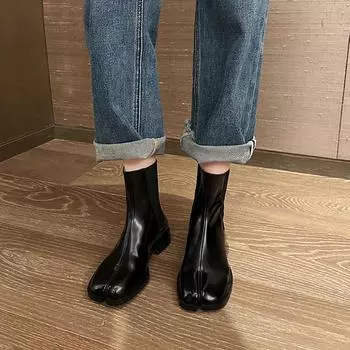 Meotina/женские ботильоны из натуральной кожи, короткие ботинки «Челси» на плоской подошве с раздельным носком, женская модная обувь в сдержанном дизайне, зимняя черная обувь 40 35 чёрный