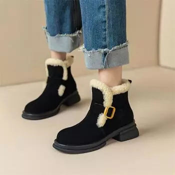 Meotina/женские ботильоны из натуральной кожи, короткие ботинки на меху с круглым носком, на толстом среднем каблуке и пряжке, женская модная зимняя обувь 34 миндальный