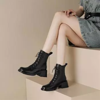 Meotina/женские ботильоны из натуральной кожи, короткие ботинки на платформе с круглым носком, на толстом высоком каблуке, на шнуровке, женская обувь, осень-зима 40 33 чёрный