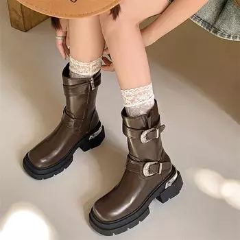 Meotina/женские ботильоны из натуральной кожи, короткие ботинки на платформе с круглым носком, на высоком толстом каблуке с пряжкой и молнией, женская модная обувь, зимняя обувь