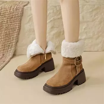 Meotina/женские ботильоны из натуральной кожи, короткие ботинки с круглым носком на толстом высоком каблуке и застежкой-молнией, с металлическими украшениями, женская обувь, зимняя обувь 34 чёрный