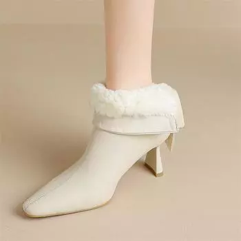 Meotina/женские ботильоны из натуральной кожи, короткие сапоги из шерсти на тонком высоком каблуке с круглым носком и молнией, женская модная обувь, зимняя белая обувь 34 чёрный